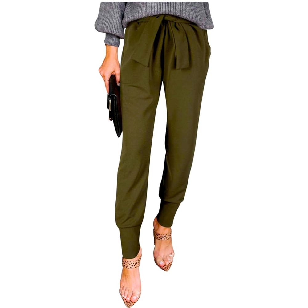 Women's Casual Pants High Waist Self Tie, Solid Olive Color